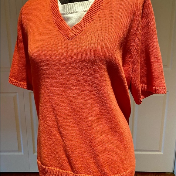 CJ Banks short sleeved pullover sweater, orange and white, 1X - Picture 2 of 13